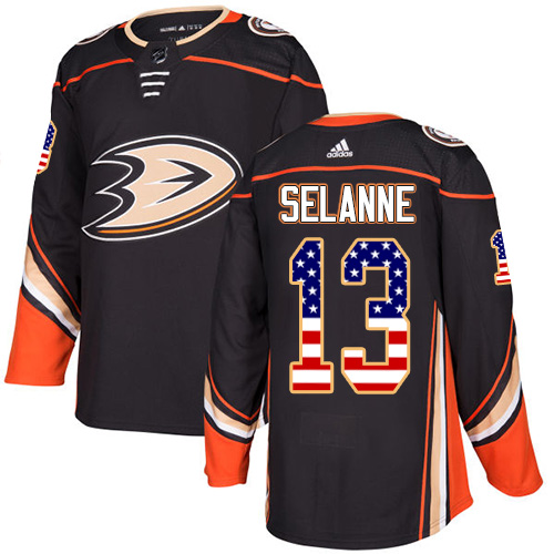 Adidas Ducks #13 Teemu Selanne Black Home Authentic USA Flag Stitched NHL Jersey - Click Image to Close